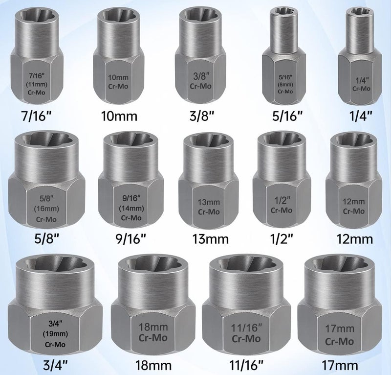 XEWEA 14PCS Bolt Extractor Set, 3/8" Drive Impact Stripped Bolt Remover Extractor Socket Set for Removing Damaged Broken Rounded Off Bolt & Nut Remover Set with Storage Case,Father's Day Gift - Image 2